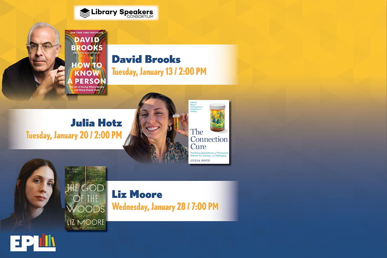 Three authors David Brooks, Julia Hotz, and Liz Moore and their respective book covers