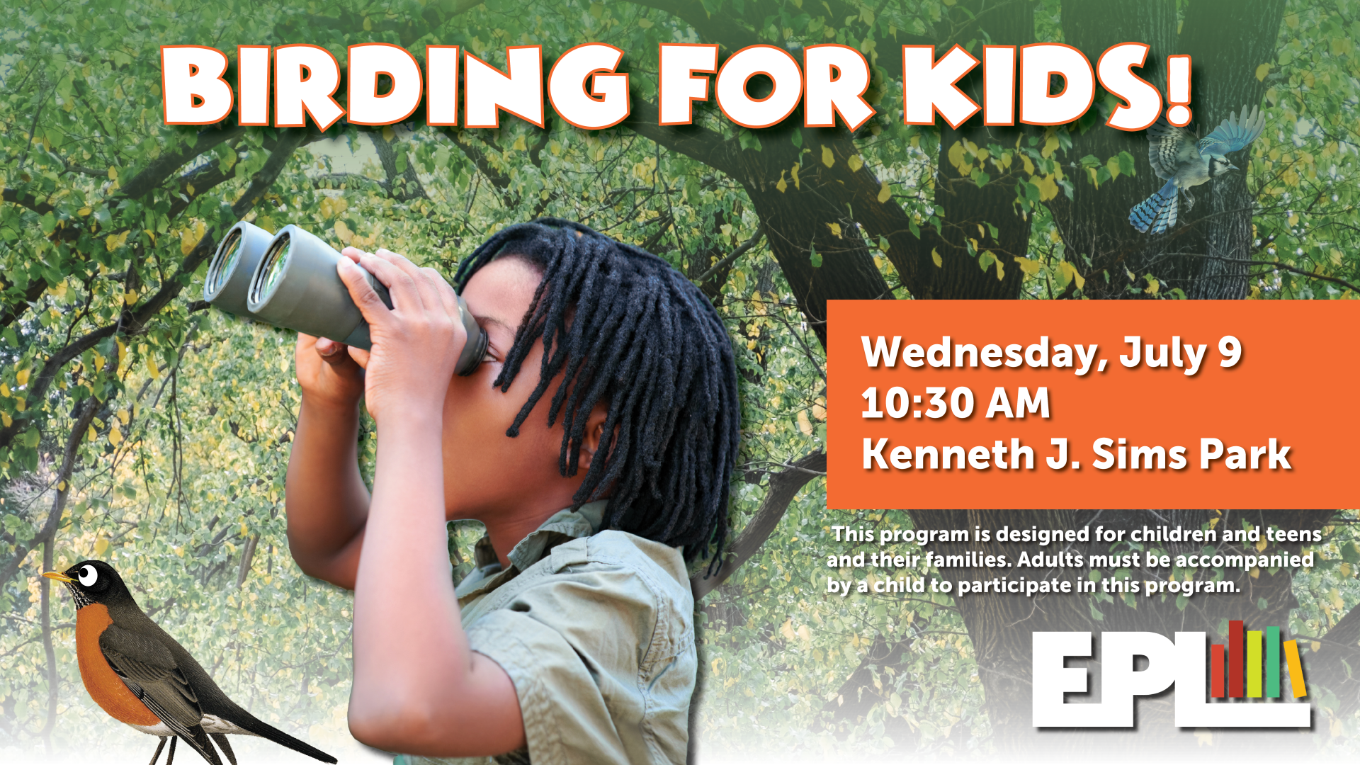 Boy looking for birds with binoculars in the park