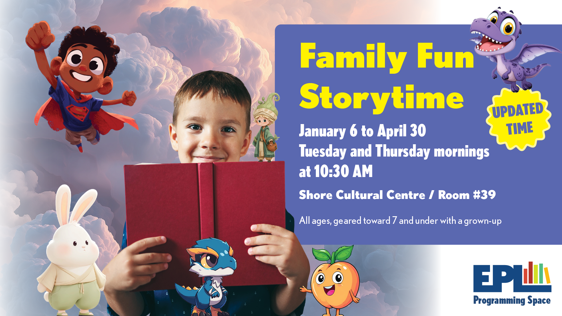 Young boy holding book with cartoon characters around him