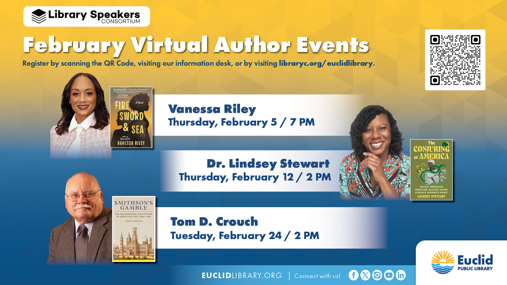 February virtual authors with library speakers consortium and euclid public library logo
