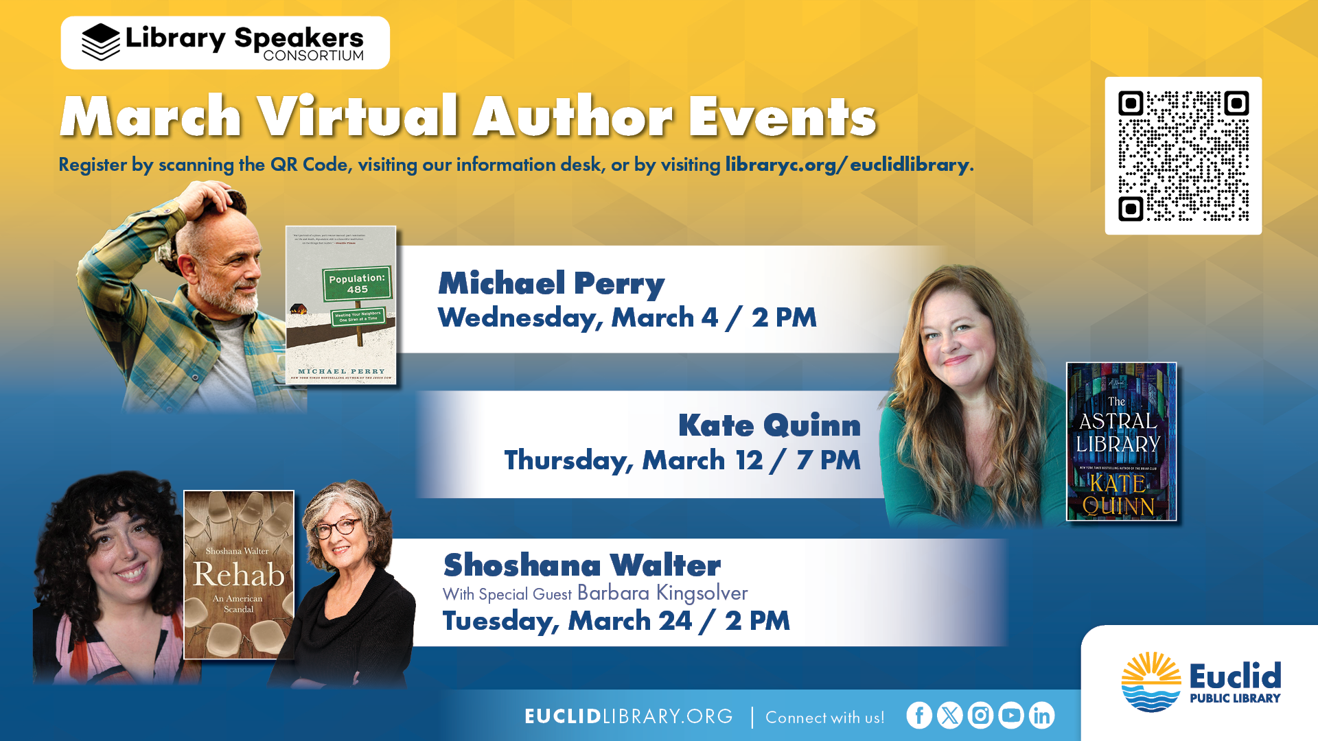 Three authors with upcoming virtual talks with the Library Speakers Consortium