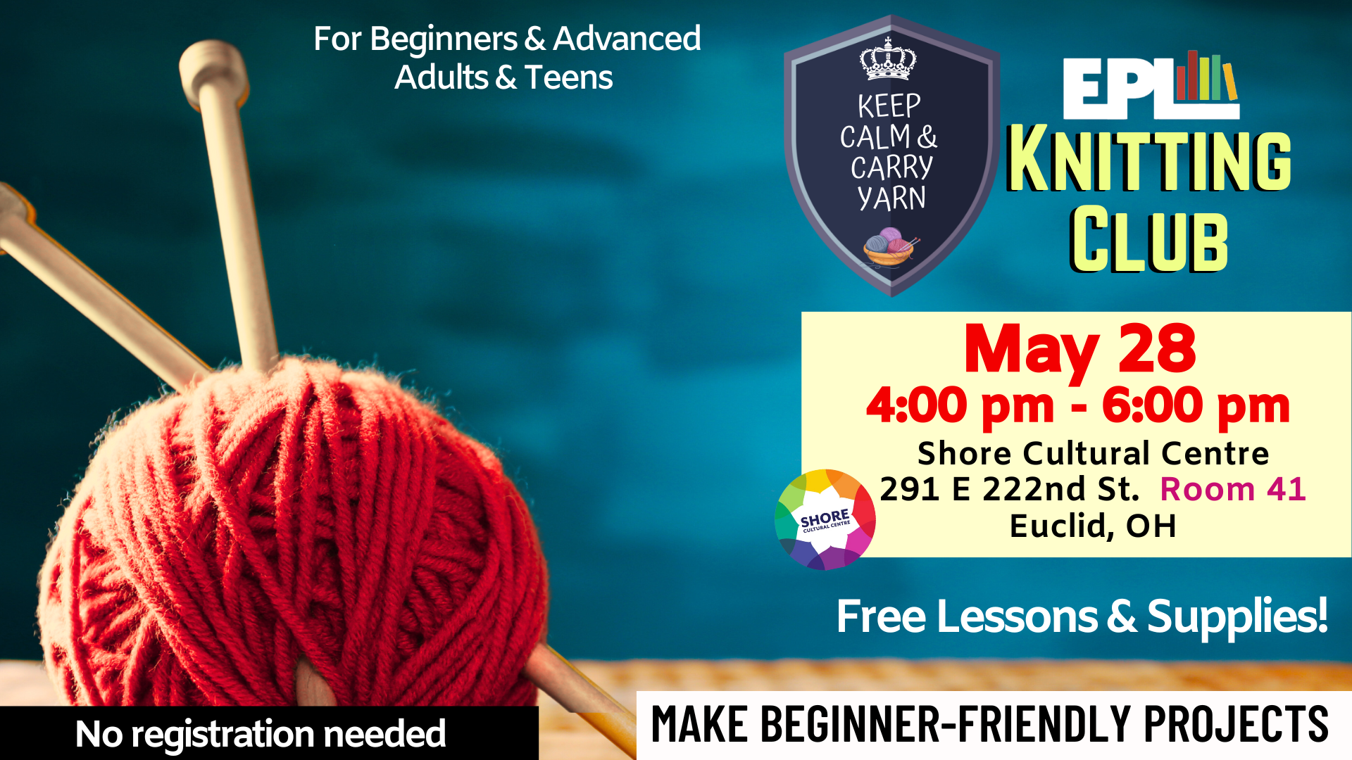 A ball of yarn with knitting needles. Text: Kepp Calm & Carry Yarn EPL Kitting Clue May 28 4p