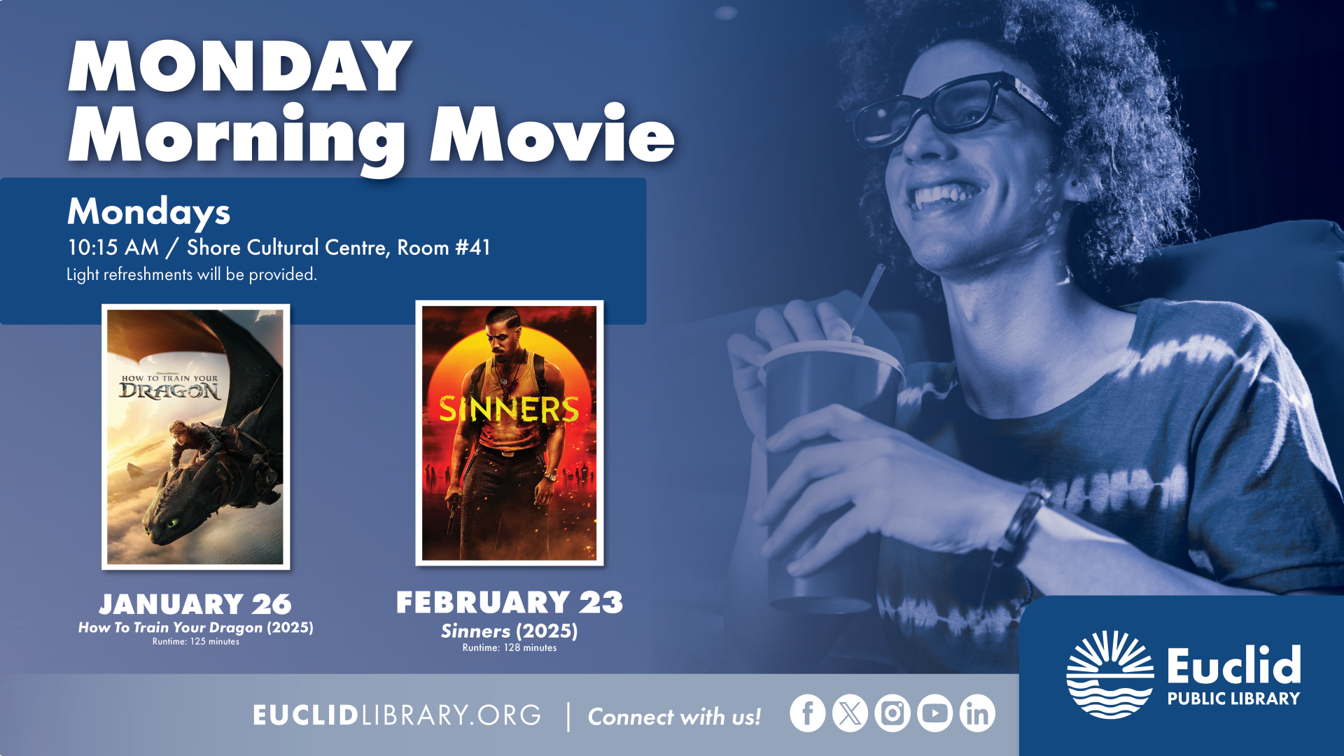 Young man drinking a beverage while watching movies