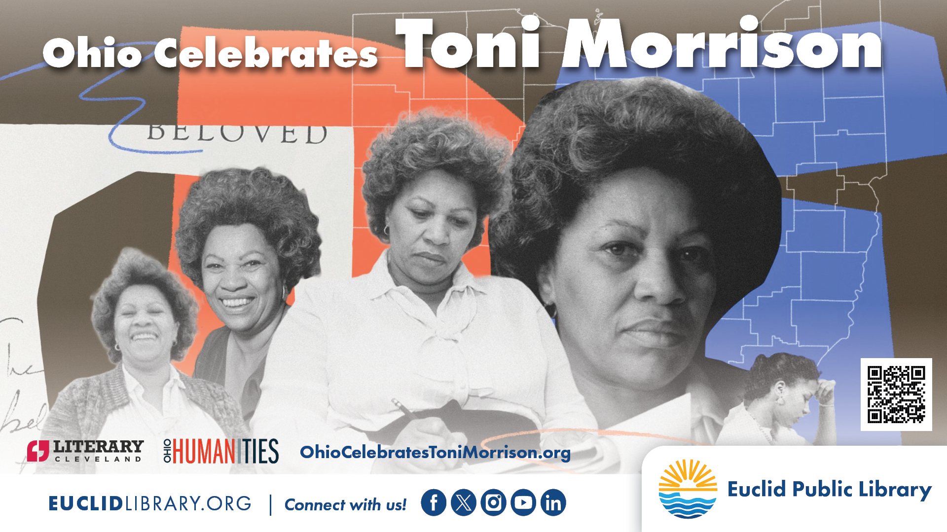 Toni Morrison throughout her life with the text saying "Ohio Celebrates Toni Morrison"