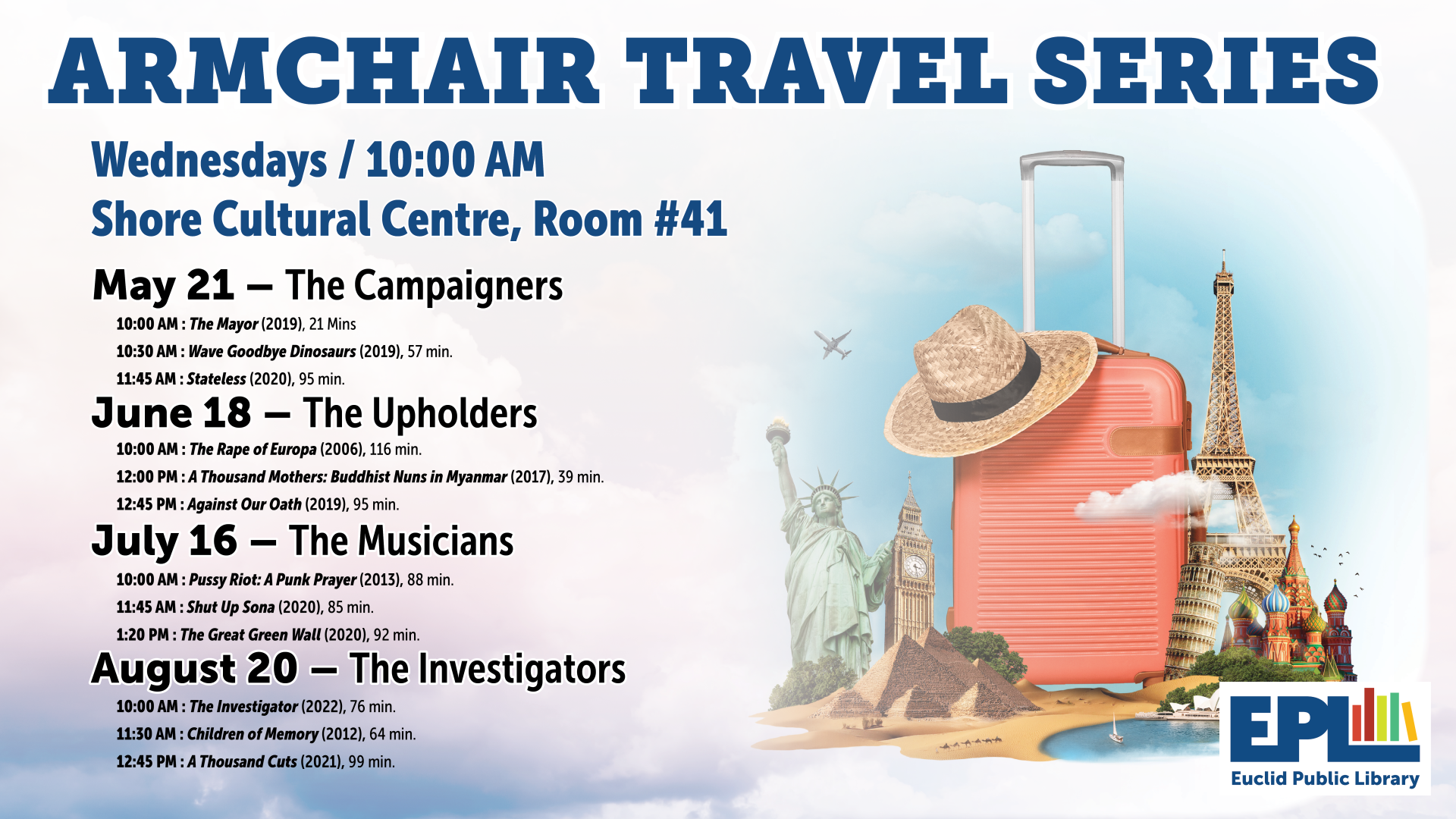 Armchair Travel Series Marathons will take place once a month on Wednesdays starting May 21 at Shore Cultural Centre in Room 41