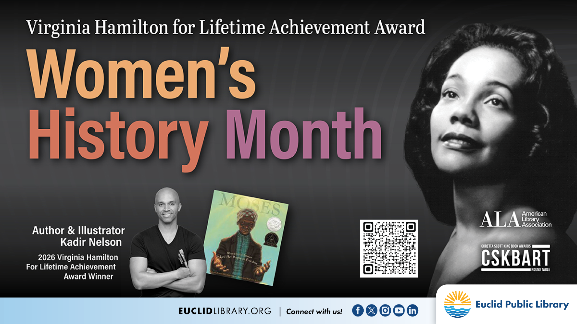 Civil Rights Activist Coretta Scott King and author/illustrator Kadir Nelson with an image of the book titled "Moses" which Nelson illustrated