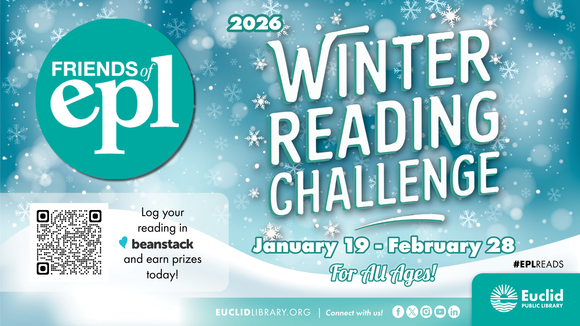 Winter snow with Friends of Euclid Library Library logo and QR Code for Beanstack