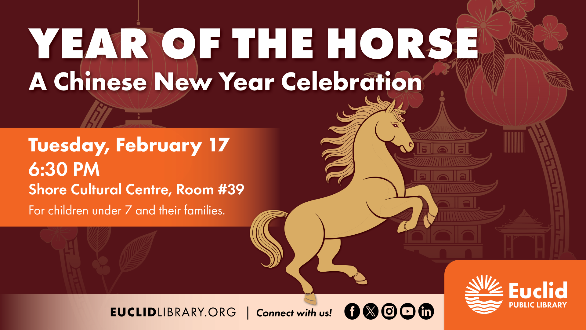 Golden horse on a background with Chinese New Year elements