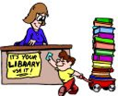 Boy checking out at library cartoon picture