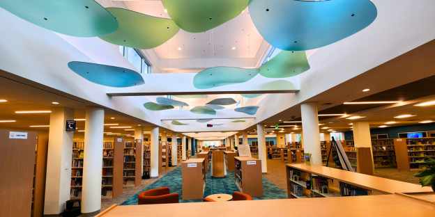 Euclid Public Library's spine with lily pads on the ceiling.