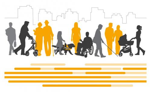 Graphic of silhouettes of people of varying heights and abilities including people with mobility aids