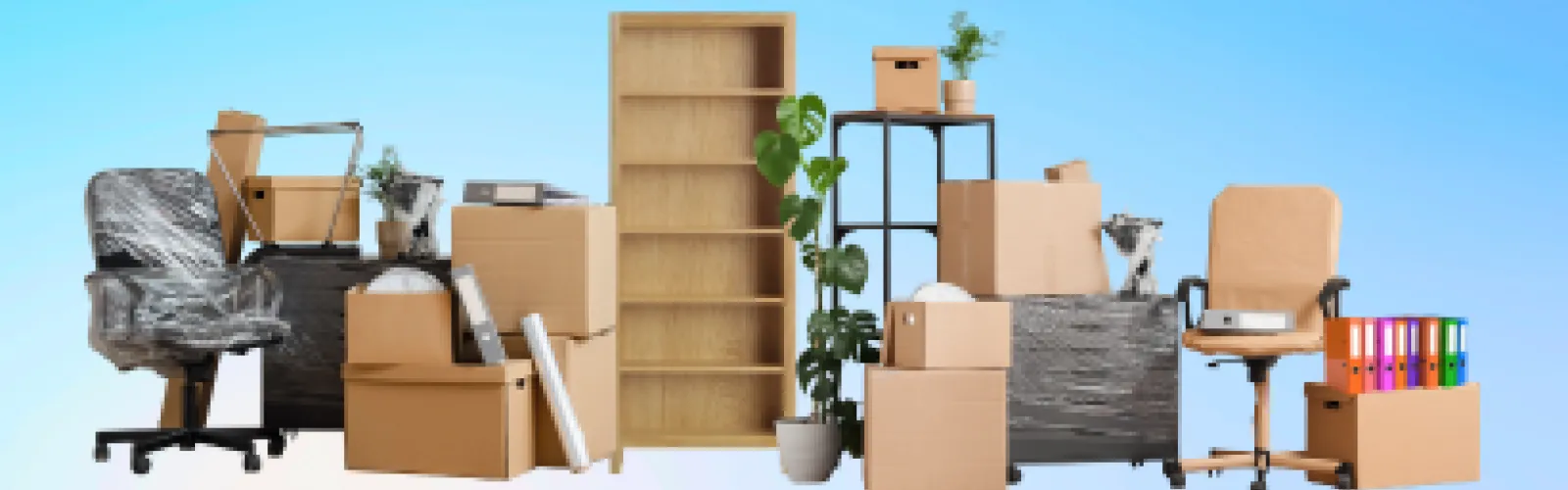 Office furniture, bookcases, and packing boxes