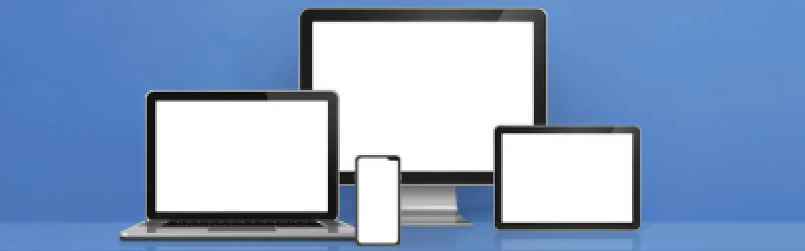 A blue background with a variety of digital devices. 