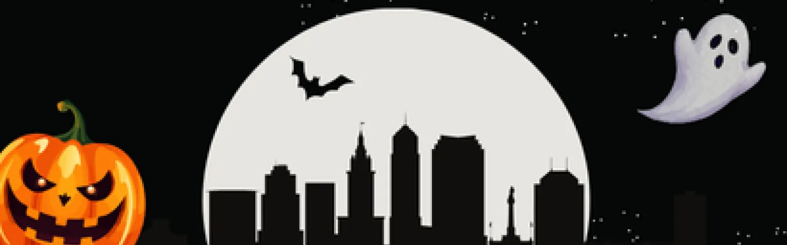 Night scene with full moon and silhouette of Cleveland, Ohio with a bat, pumpkin, and ghost.