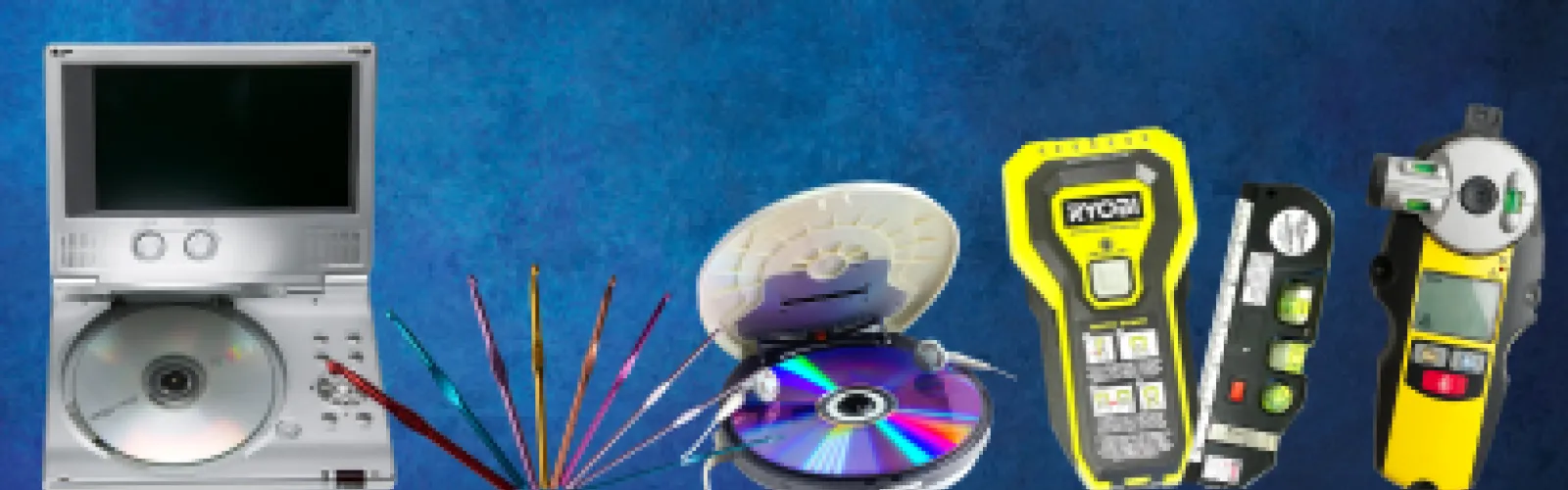 DVD player, crochet needles, CD player, home improvement items