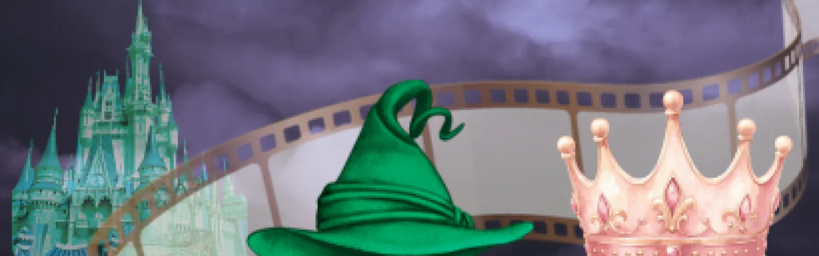 Oz's Emerald city, witch hat, and pink crown in front of a film strip