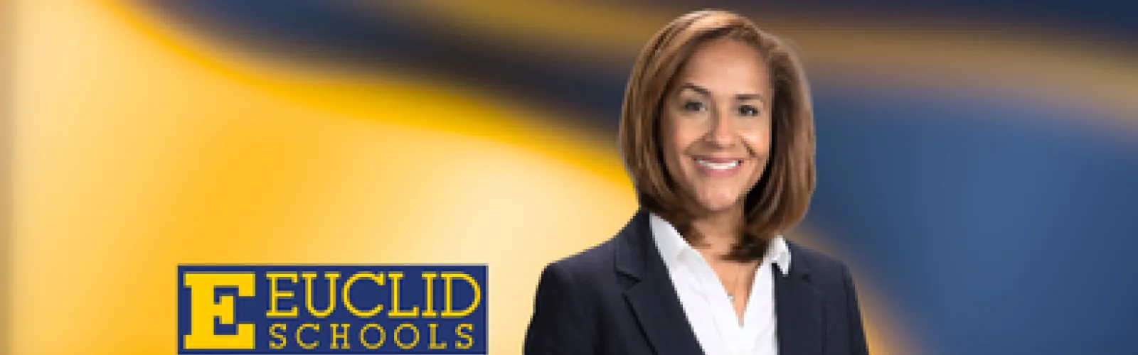 Euclid Schools logo and Superintendent Karen Brown in front of a yellow and blue background.