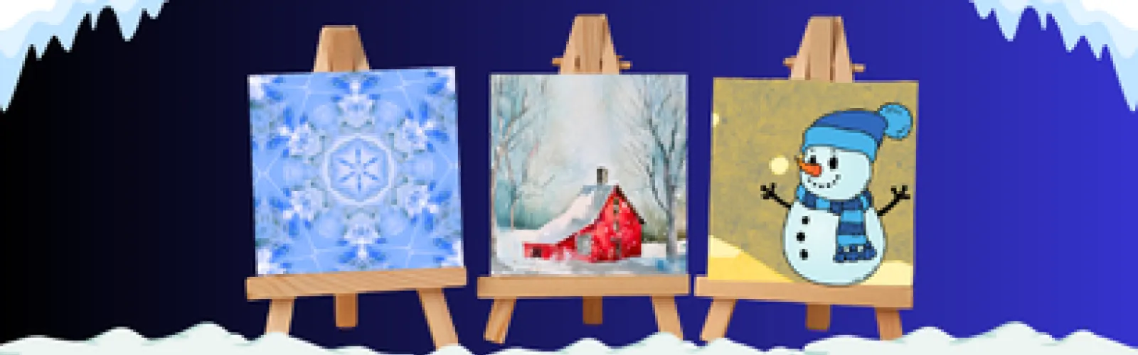 Tiny winter artwork on easels.