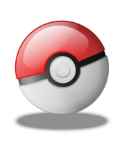 An example of a Pokéball.  It has a red top, a white bottom, and a black strip around the middle with a small white circle in the front.