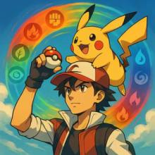 Ash with Pikachu riding on top of his head and a Pokéball in his hand.  The symbols of all the different types of Pokémon are in a swirl around his head.