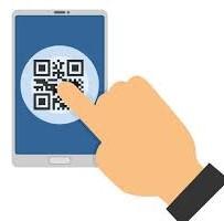 Clipart of a finger touching a phone screen with a QR code on the screen.
