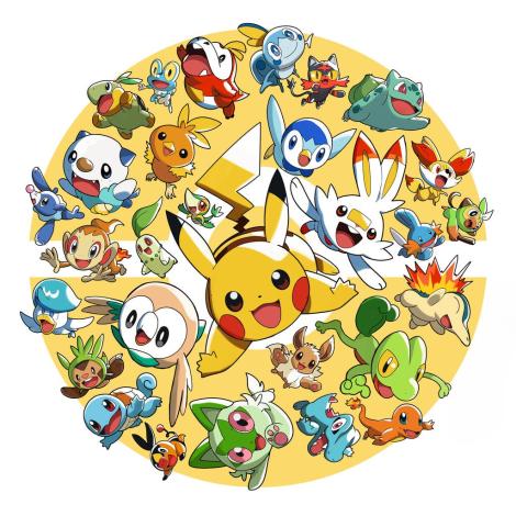 Many Pokémon characters jumping forward, with a yellow silhouette of a Pokéball in the background.  Pikachu is in the center.