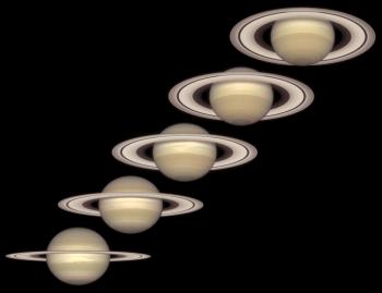 Five views of the planet Saturn, with the rings tilted at different angles.