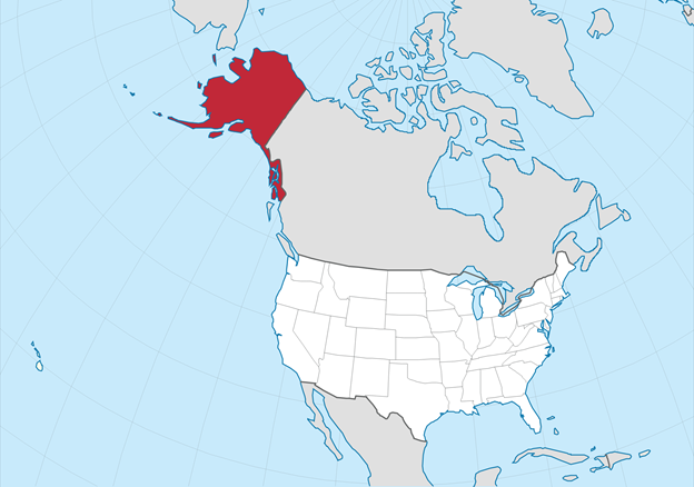 A map of the United States with Alaska highlighted red