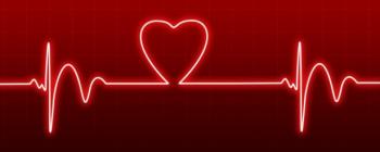 line on a heartbeat monitor, with the shape of a heart in the middle, over a red background