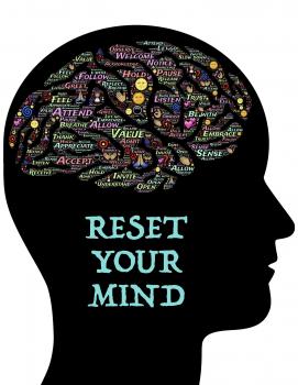 Rest your mind infographic. Side profile of a face in shadow. Where the brain is located are a bunch of word bubbles including welcome, hold, pause, notice, open, invite, accept and many more words.
