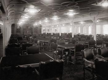 The main dining room aboard the Titanic, as seen soon before the vessel took off. 1912.
